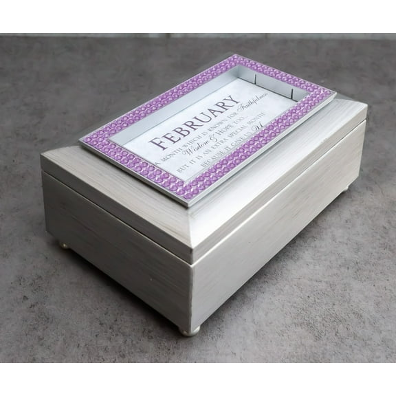 February Birthday Purple Amethyst Birthstones Silver Tone Musical Trinket Box