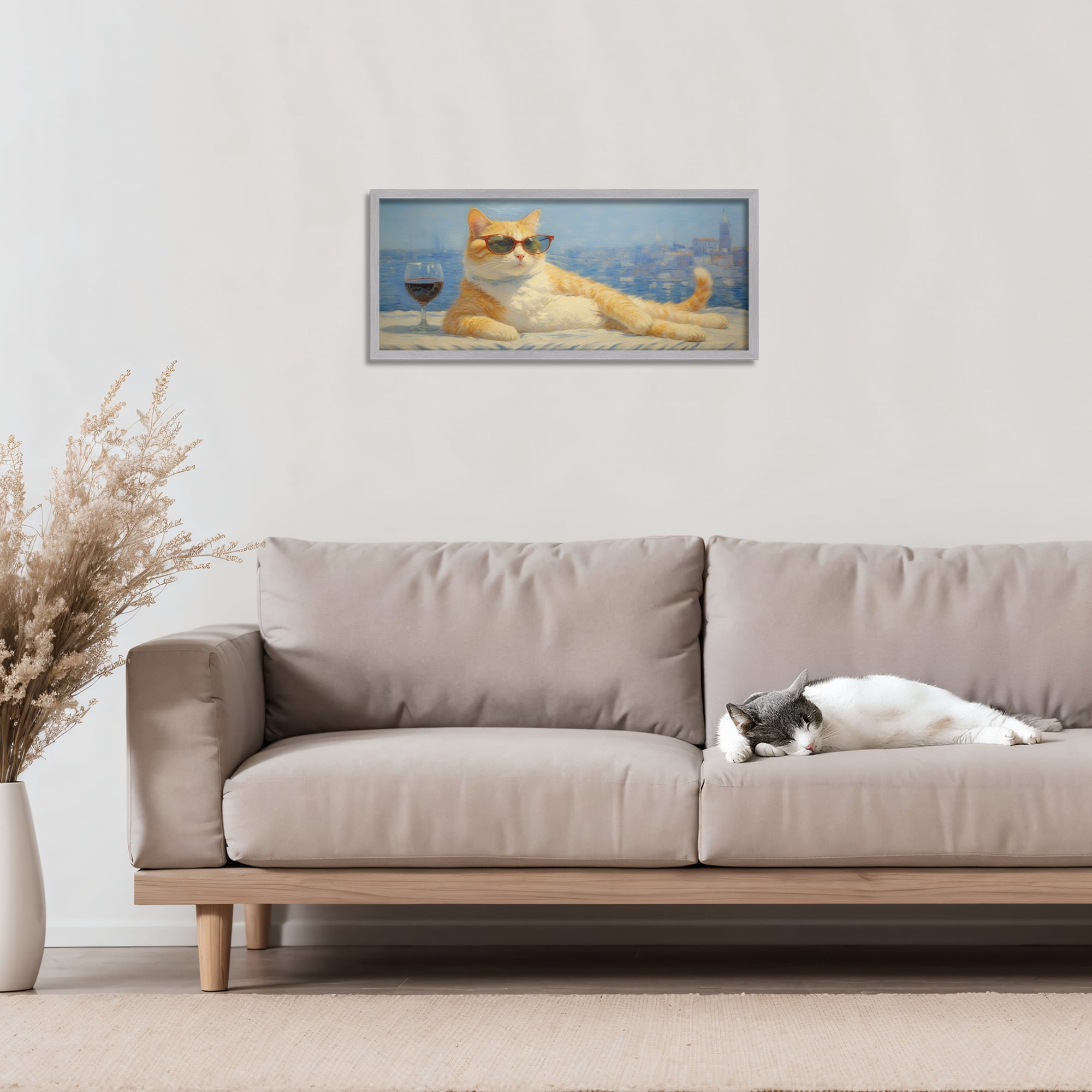 Stupell Industries Lounging Feline with Wine Glass Gray Framed Giclee Art, design by Angie Hawke
