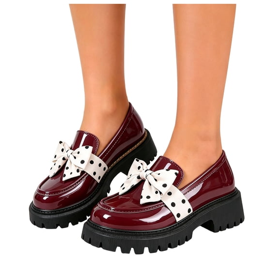 HEWUQI Women's Polka Dot Bow Loafers Platform Business Casual Dressy slip on Comfortable Breathable Arch Support for Daily Commuting Wine Size 8.5