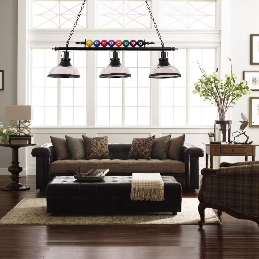 FINE MAKER Black Metal Ball Design Billiard Chandelier, Pool Table Lighting Pendant Light with 3 Glass Shades for Game Room Beer Party 7' - 8' Table