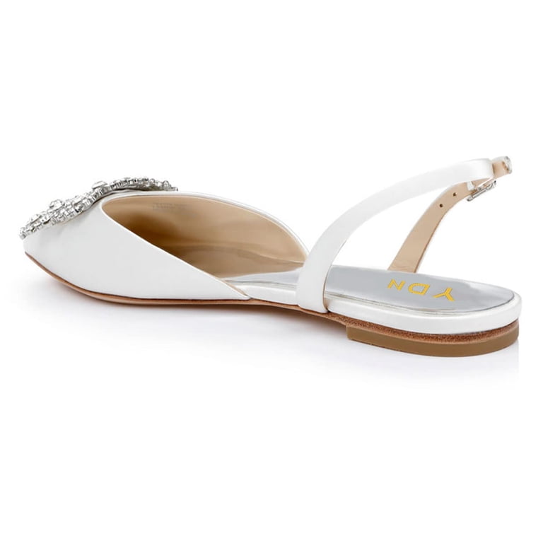 YDN Women's Pointed Toe Crystals Studded Flats Buckle Slingback Strap Low  Heel Sandals Comfy Party Formal Dress Shoes Size 4 White - Walmart.com