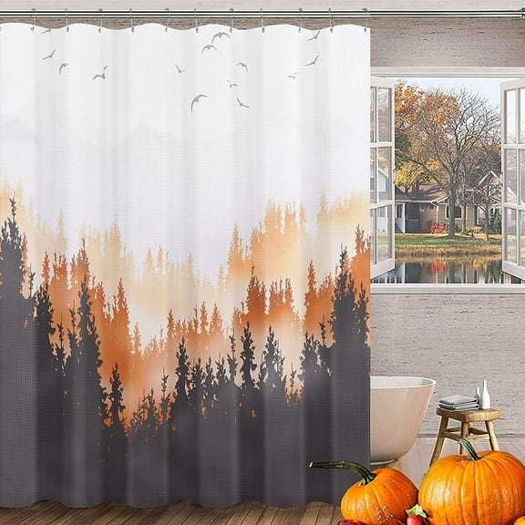 Yellow Shower Curtain Mountain Shower Curtain Set Misty Forest Nature Tree Burnt Orange Shower Curtains for Bathroom Water Repellent Bathtubs Hotel, 72 x 72 inch, Autumn Yellow