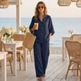 thumbnail image 5 of Evdexr Cotton Linen Sets for Women 2 Piece Sleeve V Neck Button Shirts and Wide Leg Pants Outfit Set 2026 Casual Loose Fit Business Travel Suits Dark Blue XL, 5 of 6