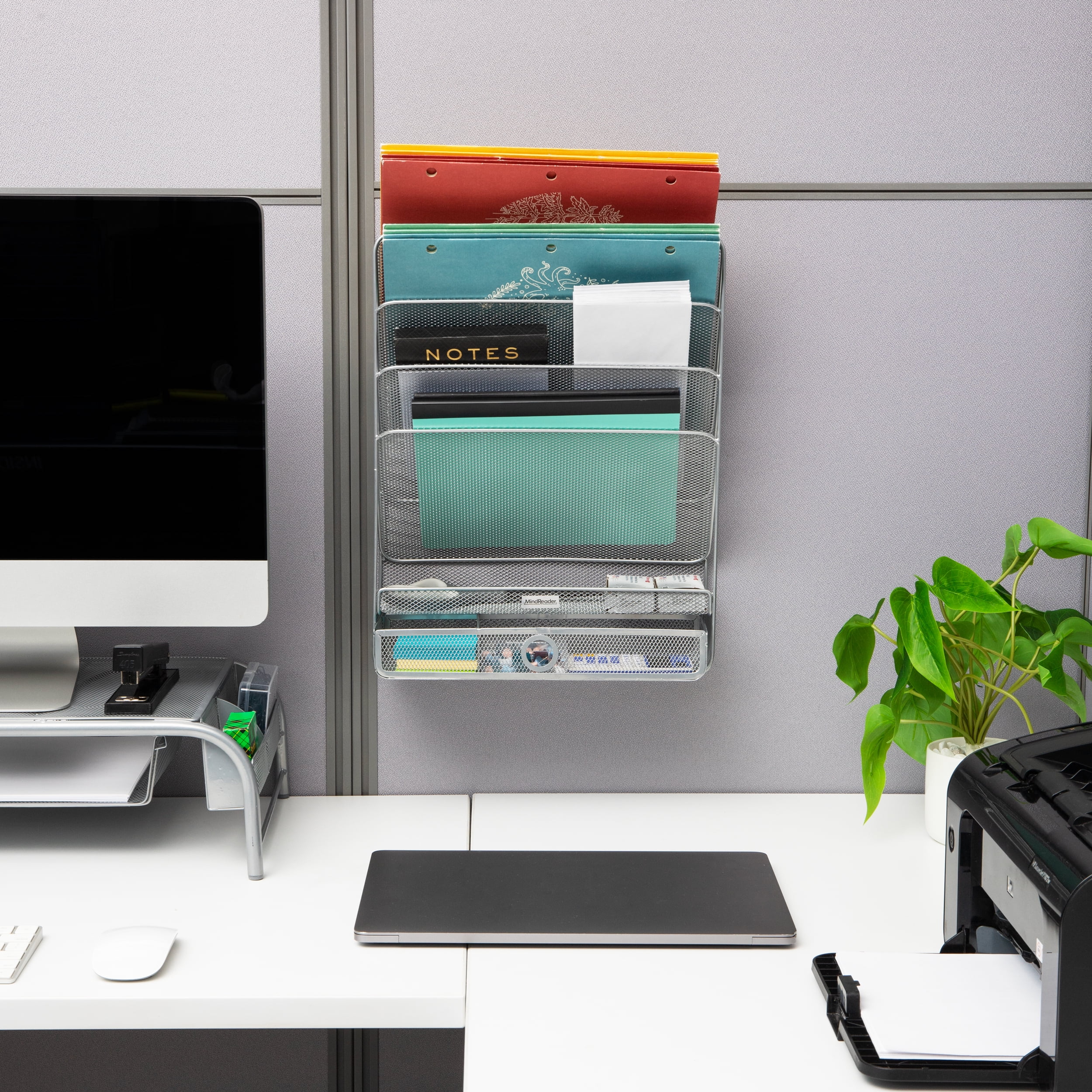 Mind Reader 4-Tier Vertical File Storage, Desktop Organizer, Wall Mount, Office, Metal Mesh, 12.5"L x 4"W x 16.5"H, Silver
