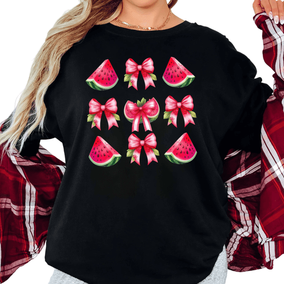 Women's Watermelon & Pink Bow Collage Graphic Summer Coquette Casual T Shirt Short Sleeve Round Neck Top Black S-5XL