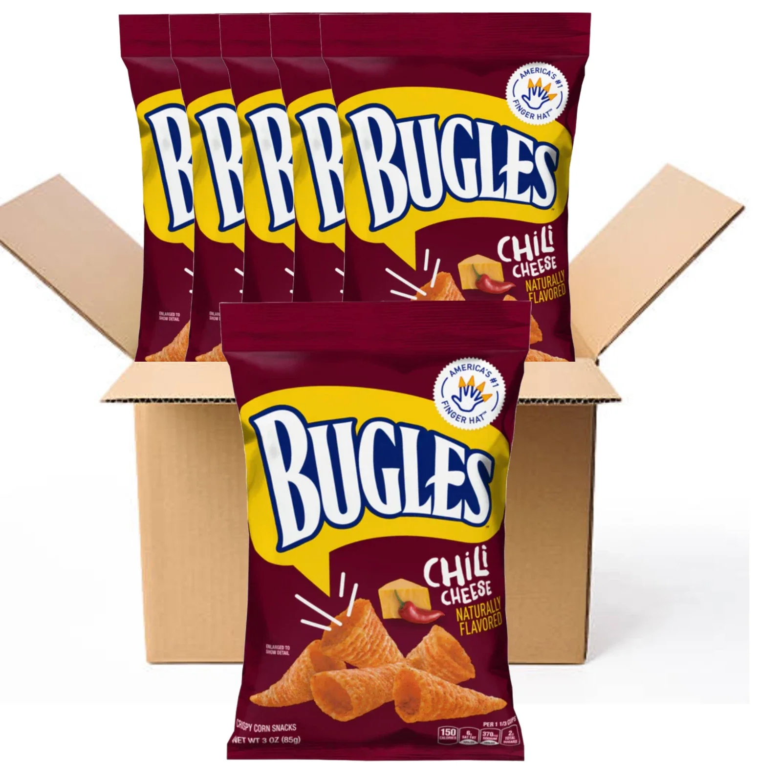 Bugles Chili Cheese Crispy Corn Snacks 6 Pack, Cone-Shaped Spicy Cheesy Snack, 3 oz Bags