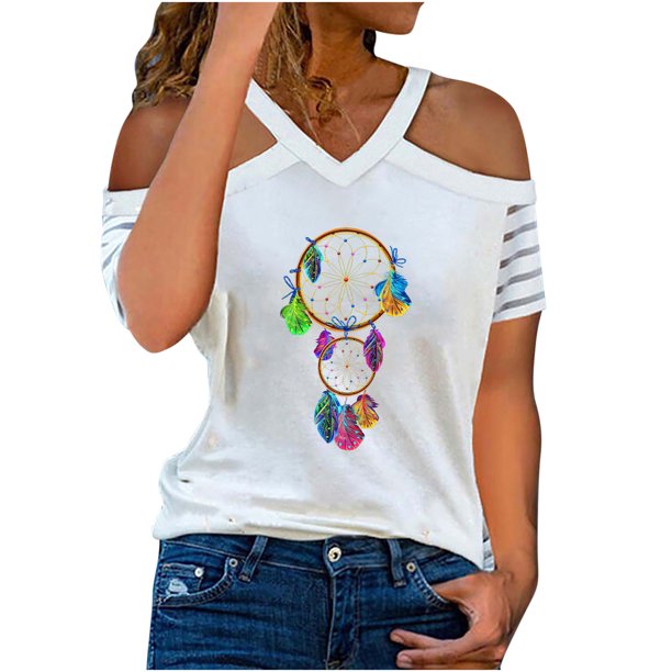 Blusa de manga corta con estampado de cuello en V informal para mujer a la moda, camiseta de verano con hombros descubiertos Fridja bn5210
