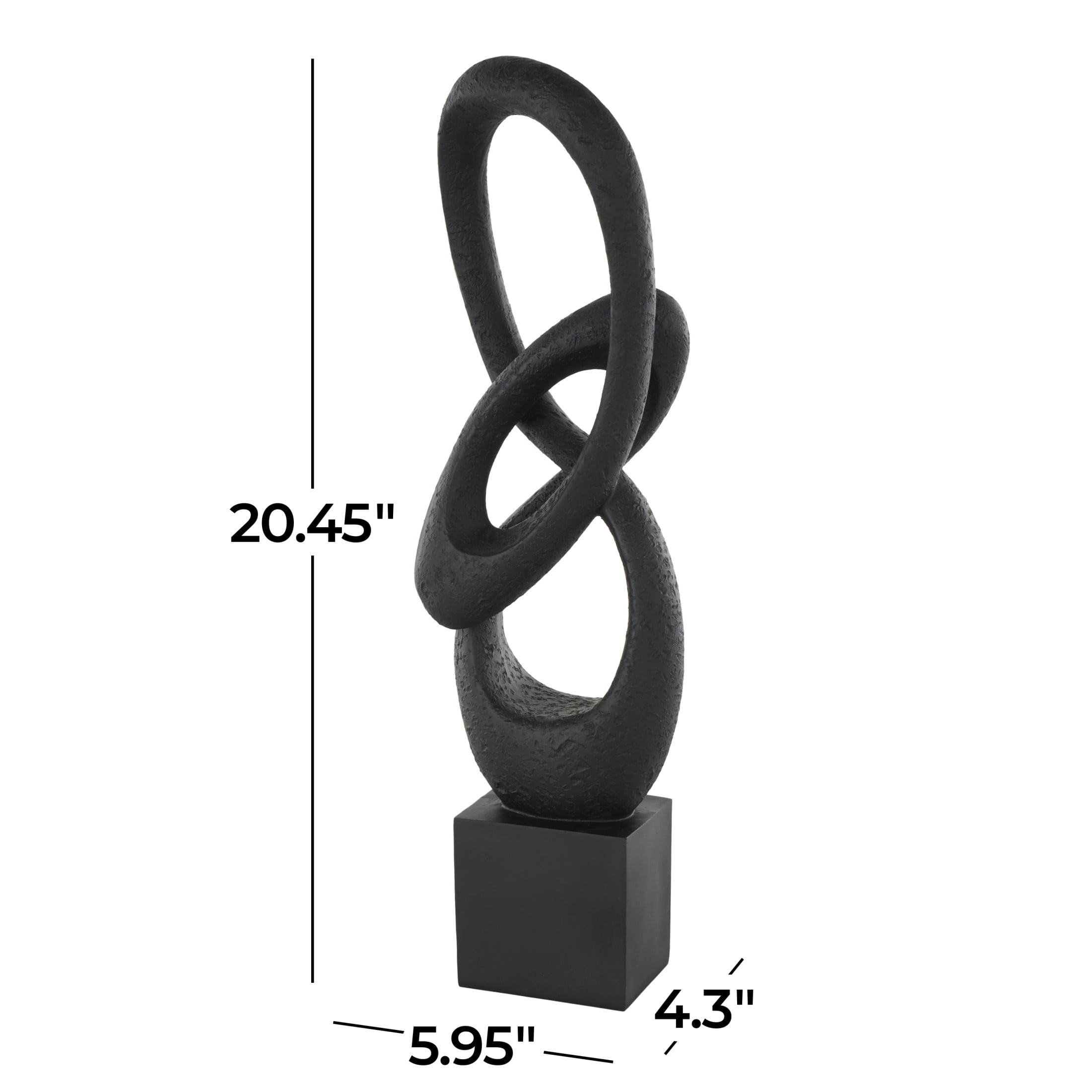 6" x 20" Black Polystone Intertwined Loop Abstract Sculpture with Block Base, by DecMode