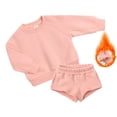 thumbnail image 2 of LYMAYTER Kids Unisex Fleece Outfit 2PCS Toddler Warm Solid Color Long Sleeve T-Shirt Tops + Jogging Shorts Set for 1-14 Y, 2 of 8