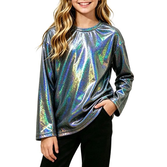 Purcolt Girls Metallic Shiny Long Sleeve T-Shirt Kids Sparkly Crew Neck Loose Fit Casual Top Party Performance Costume Tees, Size 2-15 Years