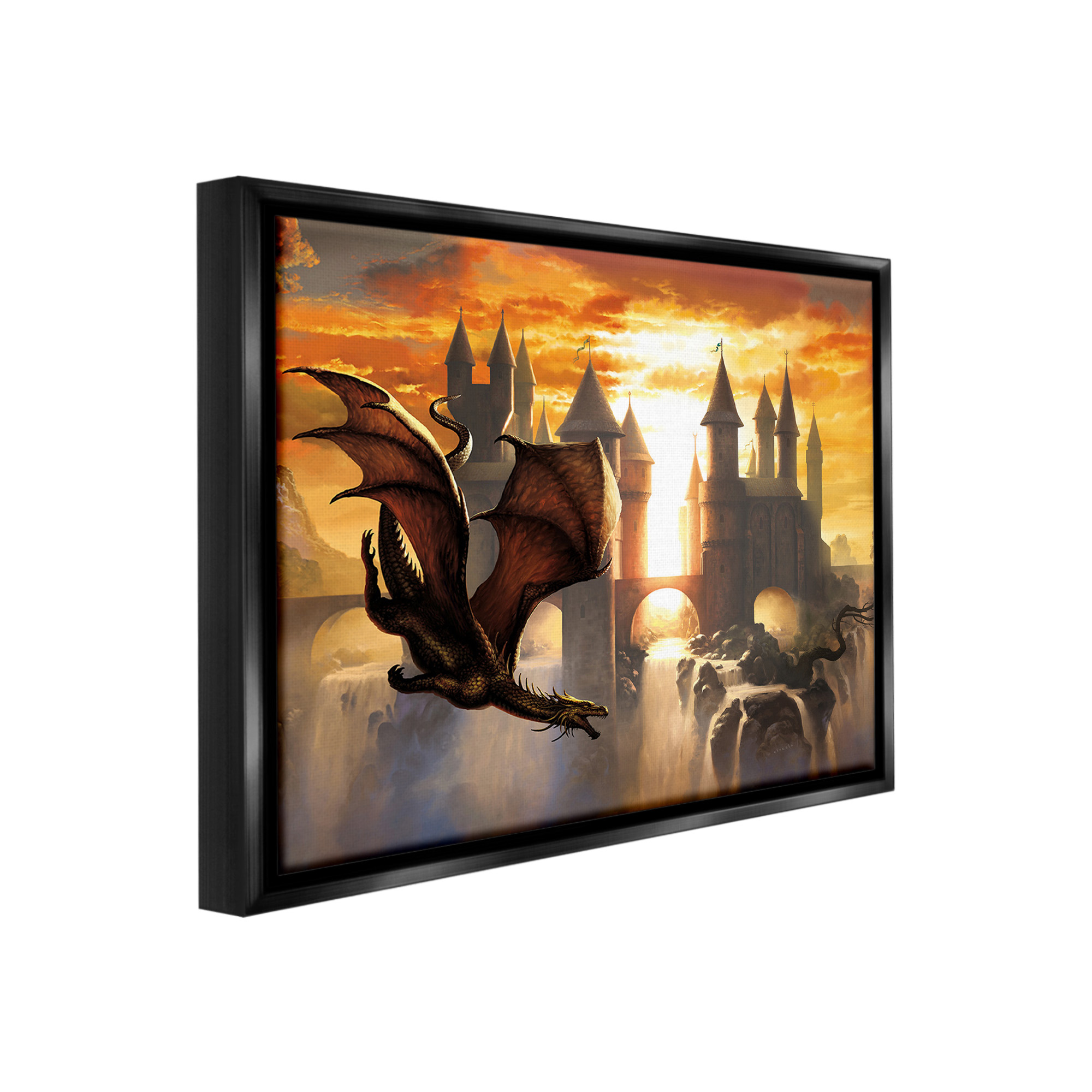 Stupell Industries Dragon & Castle Waterfall Fairy Tales & Fantasy Painting Black Floater Framed Canvas Art Print Wall Art, 21 x 17