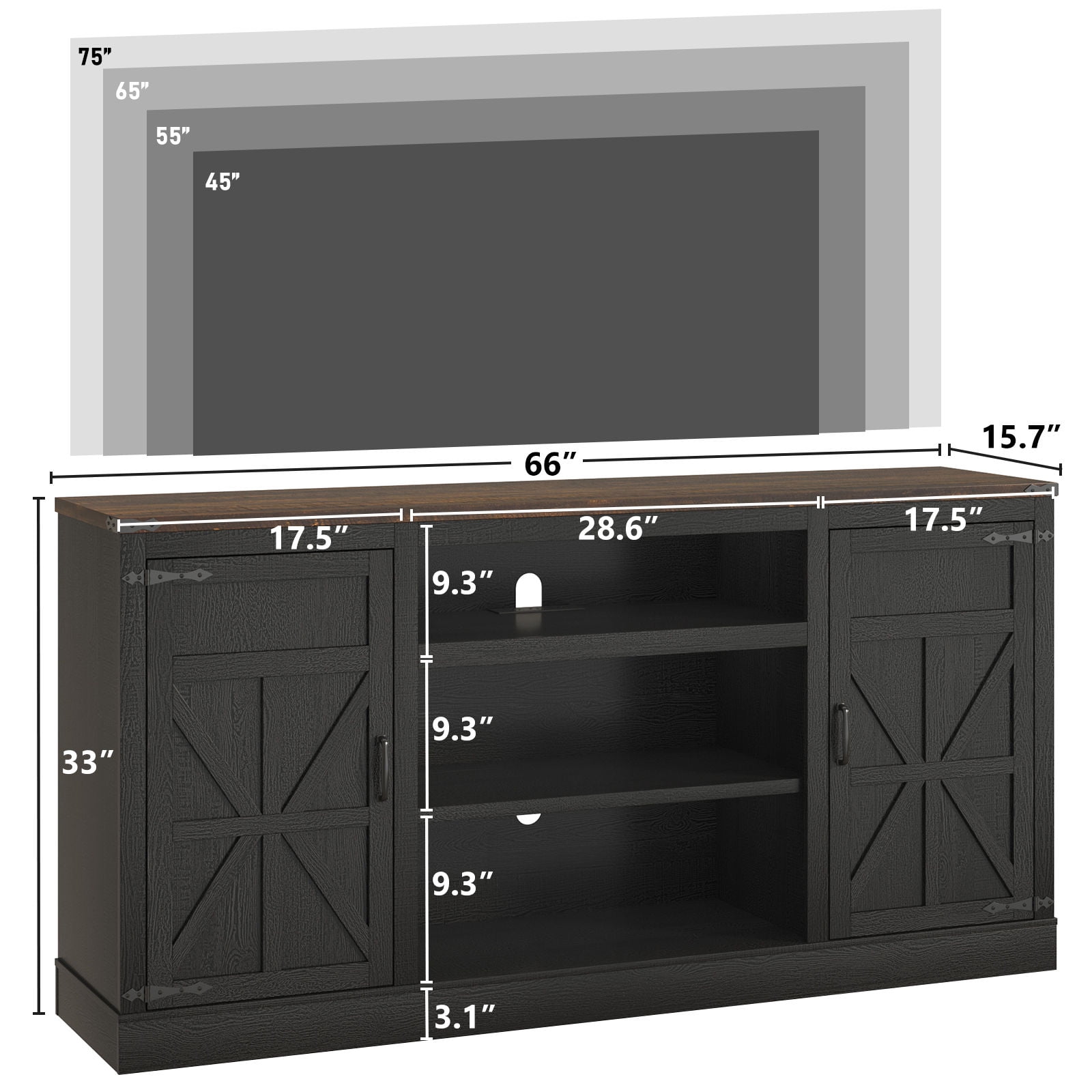 Farmhouse TV Stand for 65" 70" up 75" TVs with Power Outlet, 33" Tall TV Stand Entertainment Center with Storage, Black TV Consoles for Living room Bedroom