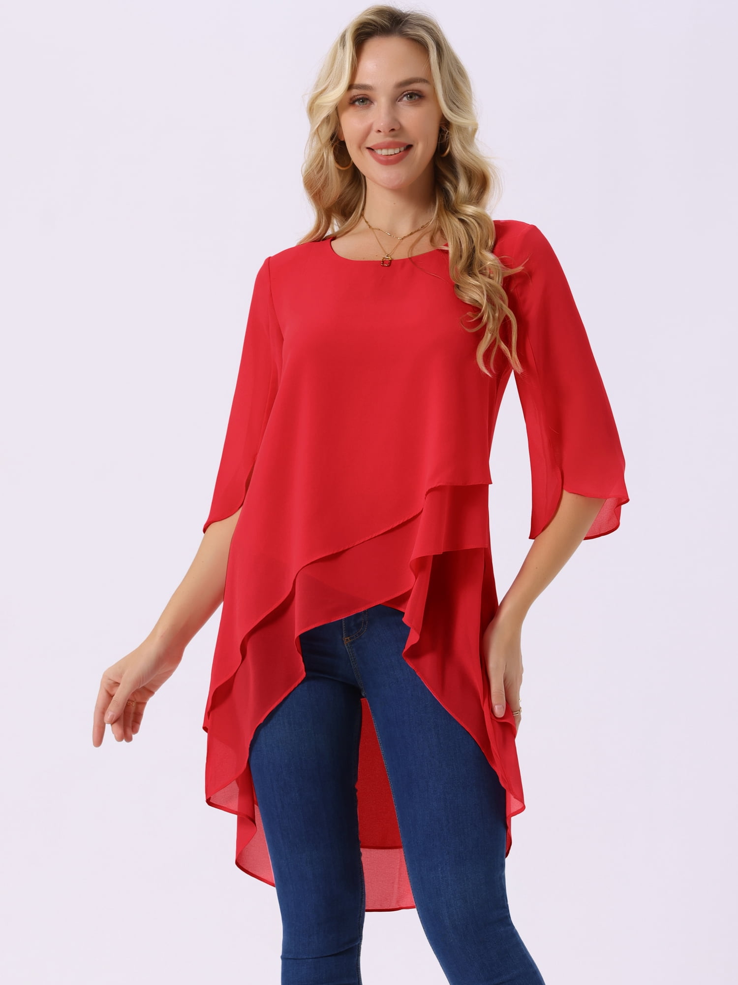 DARING DIVA Women's 3/4 Sleeve High Low Hem Scoop Neck Chiffon Blouses XL Red