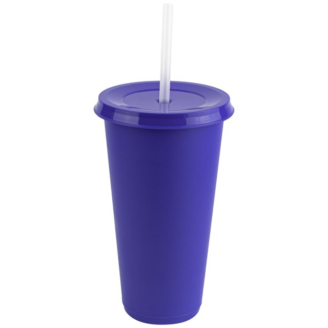 Vasos de plástico con tapa y popote | Vaso reusable tipo termo para café, té y agua | Libre de BPA | Vaso con tapa y popote de 24 Oz | Paquete de 50 vasos color Azul Oscuro