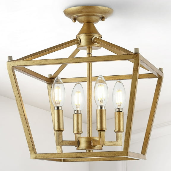 JONATHAN Y Plains Mini Lantern 12" 4-Light Iron Modern Farmhouse Pagoda LED Semi Flush Mount Lantern, Brass Gold, JYL7610B