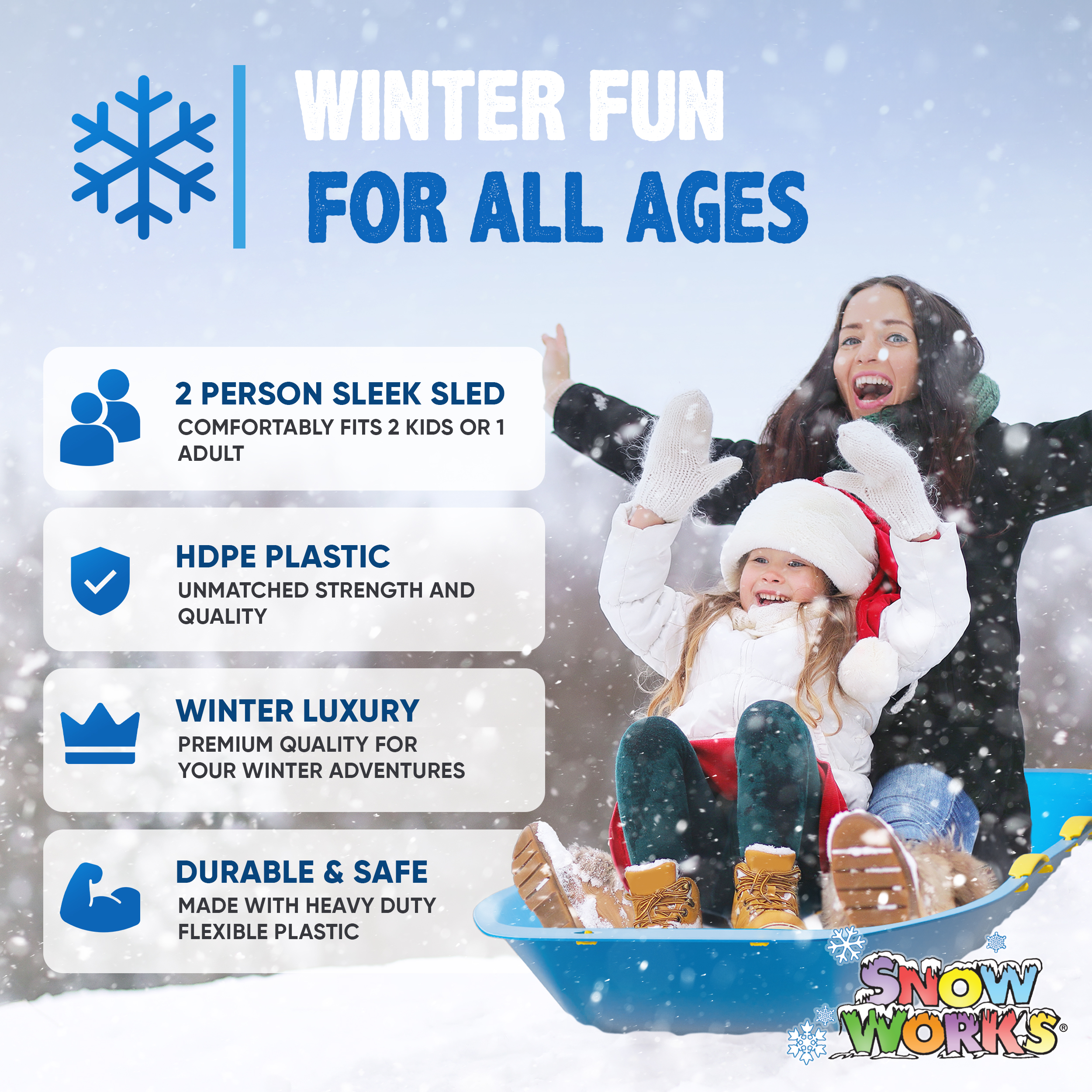 Snow Works LIFETIME 47.5" High-Density Toboggan Snow Sled for Kids and Adults (Blue, 1 Pack)