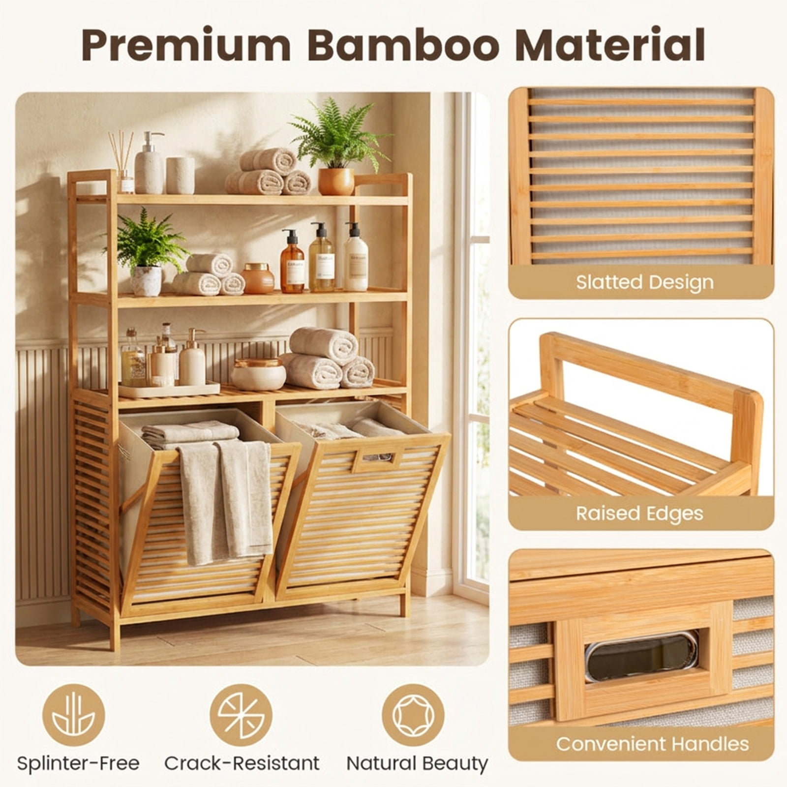 Vebreda Laundry Hamper with 2 Removable 7-Gallon Baskets, Double Tilt-Out Laundry Hamper Cabinet with 3 Open Shelves, Natural Bamboo