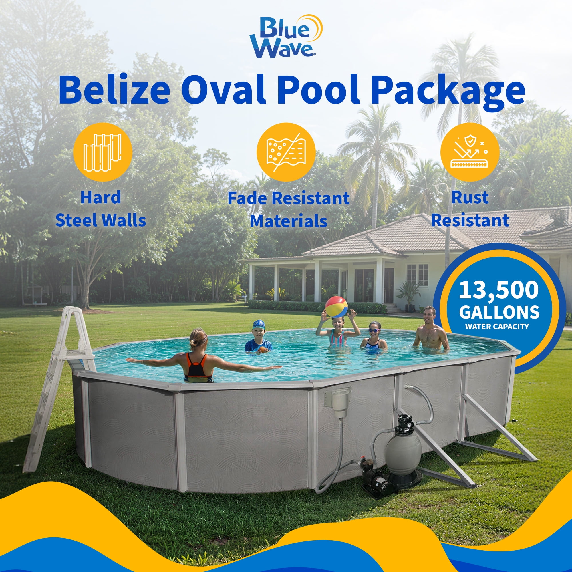 Belize 18-ft x 33-ft Oval 52-in Deep 6-in Top Rail Metal Wall Swimming Pool Package