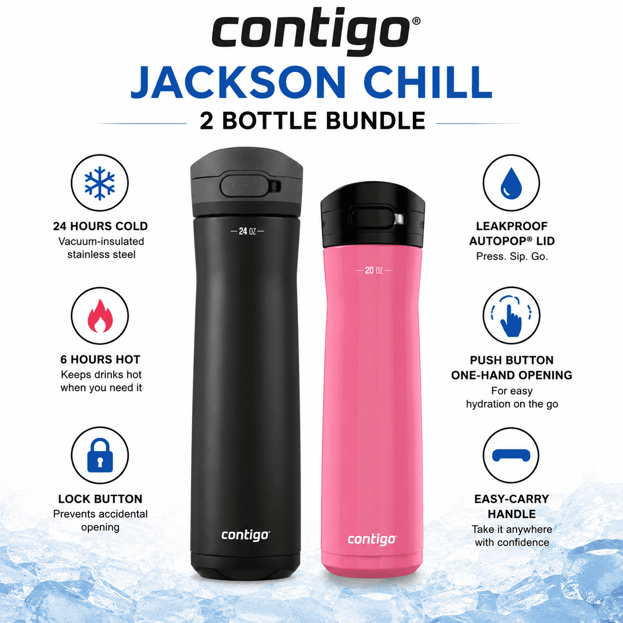 Contigo Jackson Chill  Bundle 2 Water Bottles Black 24oz and Pink  20oz with Autopop Lid
