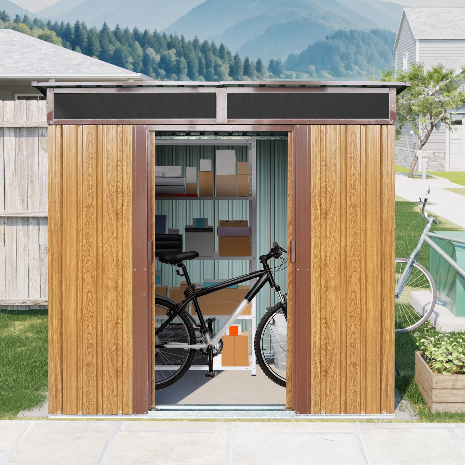 AENKYO Outdoor storage sheds 6FTx5FT Pent roof with Double Lockable Doors for Backyard Patio Lawn - Coffee