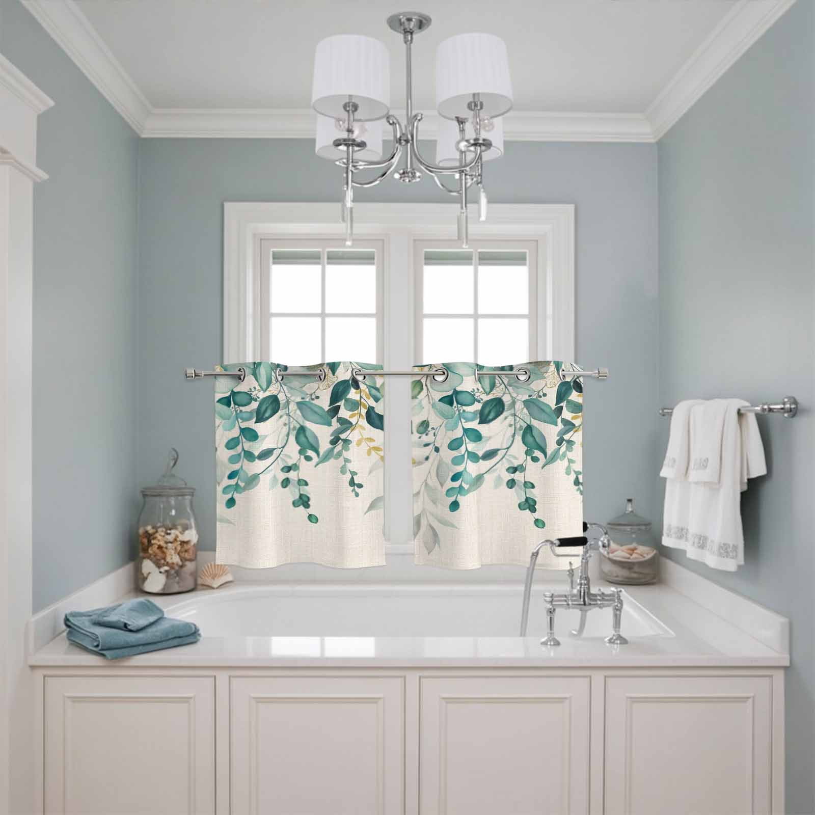 2 Panels Kitchen Tier Curtains 39 Inch Length, Teal Green Eucalyptus Grommets Window Treatment Curtain, Farmhouse Weeping Leaves Linen Thermal Curtains Drapes for Living Room/Bathroom