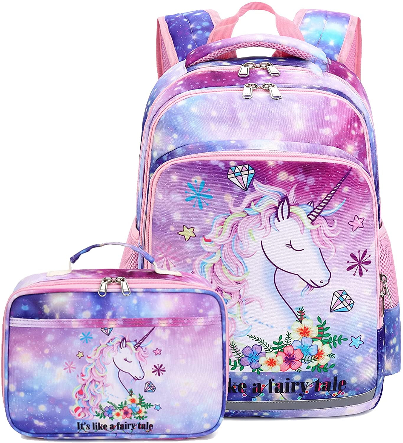 Disney Princess Large School Backpack Lunch Bag 2pc Set Black Pink Floral 