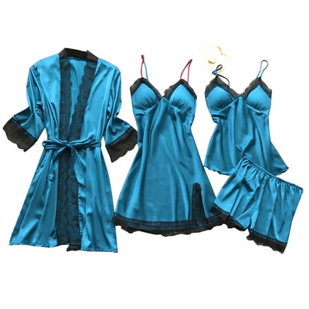Womens ClearanceWomen  Silk Satin Pajamas Set 4pcs Lingerie Floral Lace Cami Sleepwear with Robe