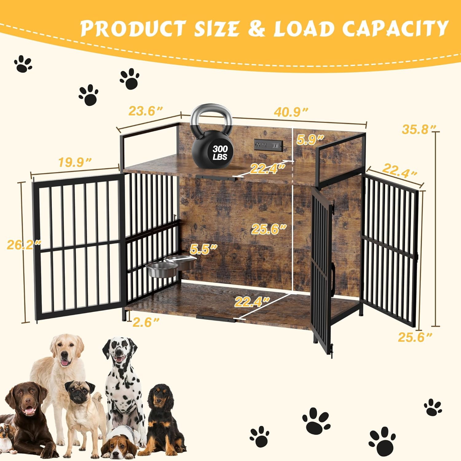 Haverchair 41" Dog Crate Furniture, Indoor Wooden Large Dog Kennel with 2 Rotating Feeder Bowls, Heavy Duty Dog Crates with Charging Station as End Table