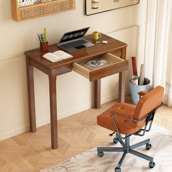 100% Solid Wood with Drawers 31 x 16 Inch Small Desk Mid Century Modern Desk Vintage Small Writing Wooden Desks for Small Spaces Bedroom, Living Room, Office