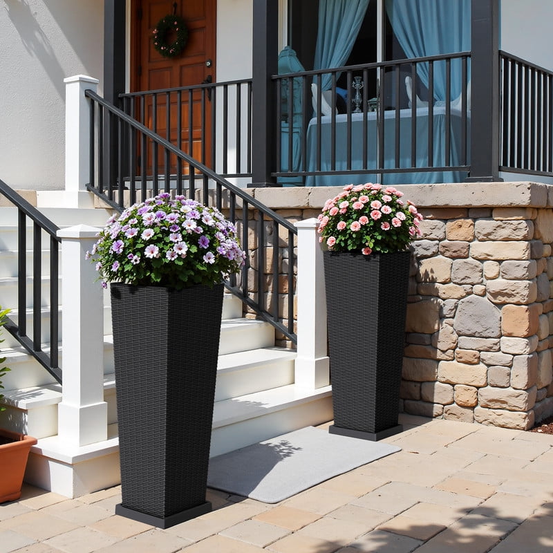 Homall 2-Pack 32" Tall Outdoor Plastic Planters with Inside Pots, Drainages and Trays, Rattan - Patterned for Patio Decor