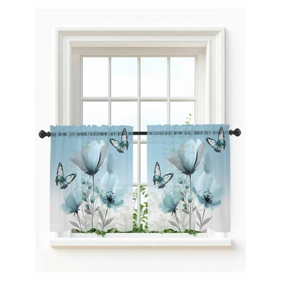 Spring Tulip Tier Curtains 36 Inch Length,Sheer Curtains for Bedroom Living Room,Pastoral Rustic Chic Butterfly Floral Rod Pocket Voile Drapes Kitchen Curtains Small Half Window 27.5"x36" 2 Panels