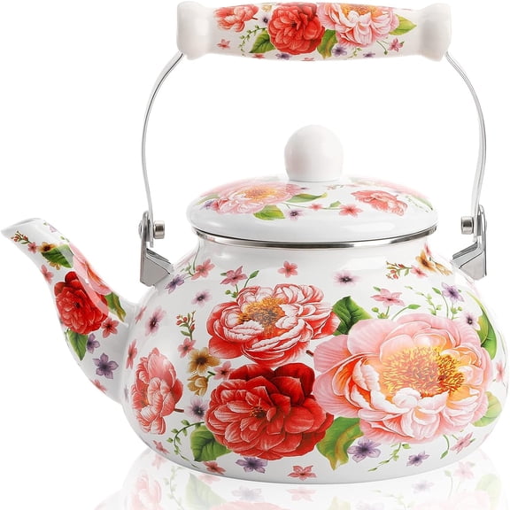 CZQ 2.6 Quart Enamel Tea Kettle Stovetop, Large Porcelain Enameled Teakettle, 2.5L Vintage Tea Pot with Ceramic Cool Handle, Colorful Floral Steel Teapot for Hot Water, Retro Decor, No Whistling