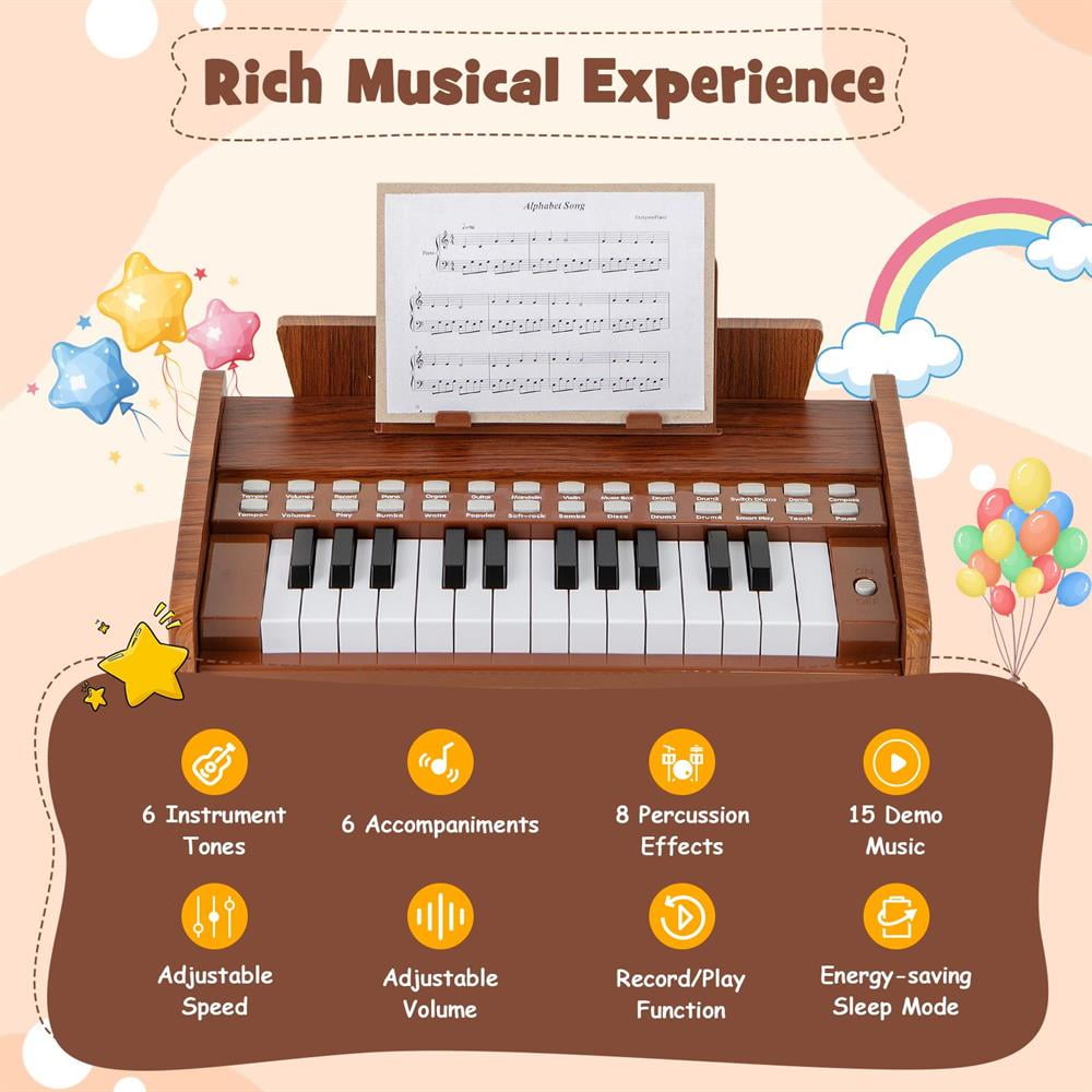 Topcobe 25 Keys Kids Piano Keyboard with Adjustable Speed and Volume, Keyboard Piano, Music Keyboard-Brown