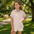 thumbnail image 2 of JAJAHO Boys Girls Button Down Shirts Kids Short Sleeve Solid Color Loose Fit Collared Blouses Classic Casual Summer Top Ages 3-16 Years Cozy Tops, 2 of 6