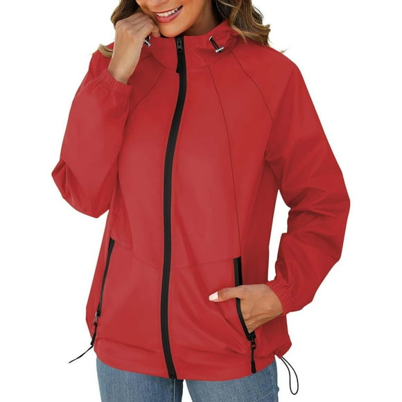 Duoif Rain Jacket Women, Lightweight Windbreaker Jacket with Hood Packable Raincoat with Pockets Jackets for Women Red L