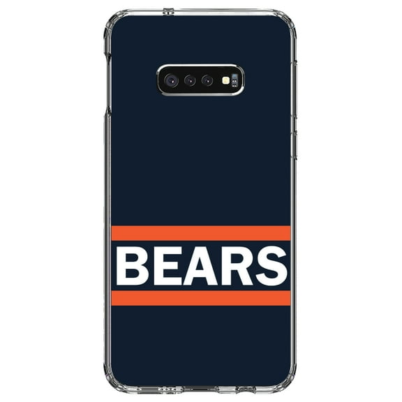 DistinctInk Clear Shockproof Hybrid Case for Samsung Galaxy S10e (5.8" Screen) - TPU Bumper, Acrylic Back, Tempered Glass Screen Protector - Orange Navy Bears - Football Team
