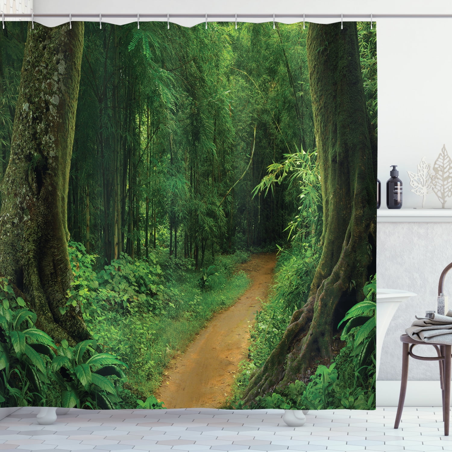 Jungle Decor Shower Curtain, Pathway in the Forest Thailand Fresh Calm
