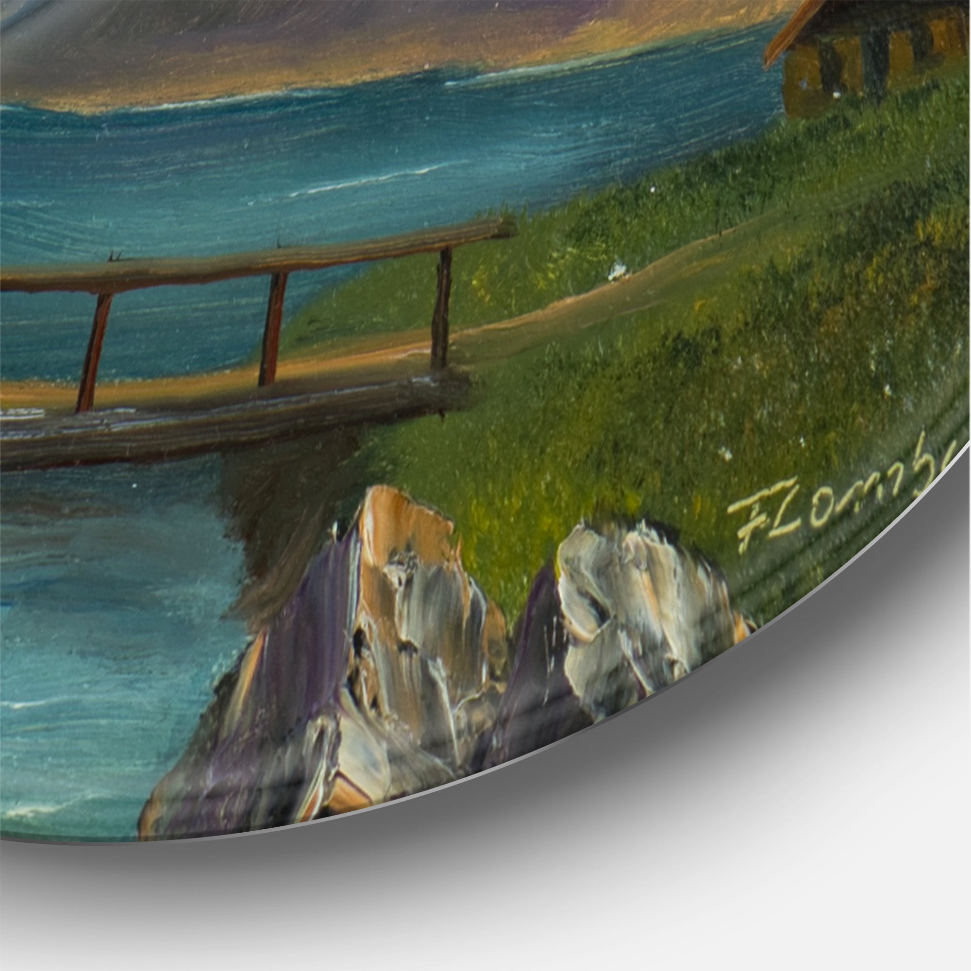 Designart 'Girl Brings The Cow Into The Stable At A Lake' Farmhouse Circle Metal Wall Art 29x29 - Disc of 29
