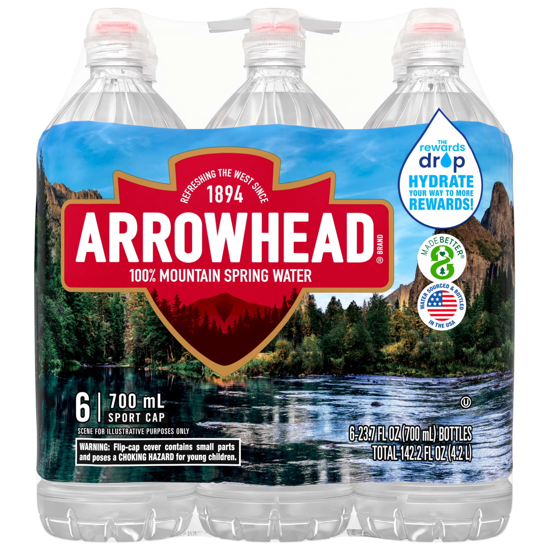 Arrowhead Mountain Spring Water, Sport Cap, 23.7 fl oz, 6-pack Plastic Bottles