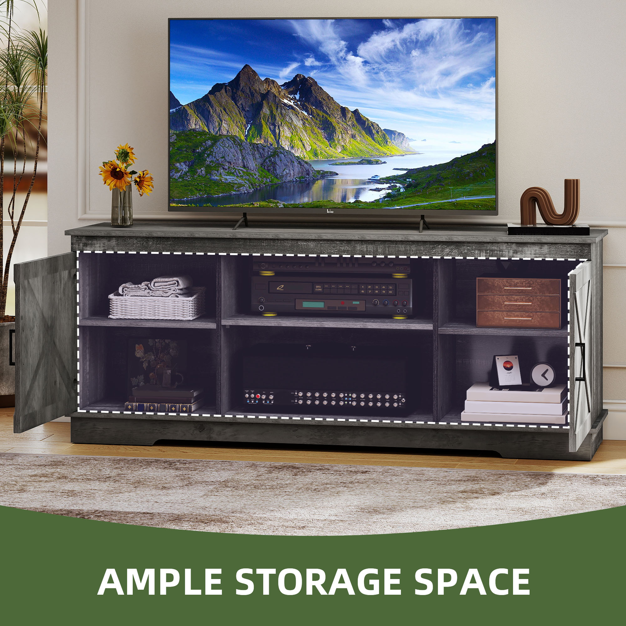 Uforic Farmhouse TV Stand with Barn Doors for 65" TVs photo 4