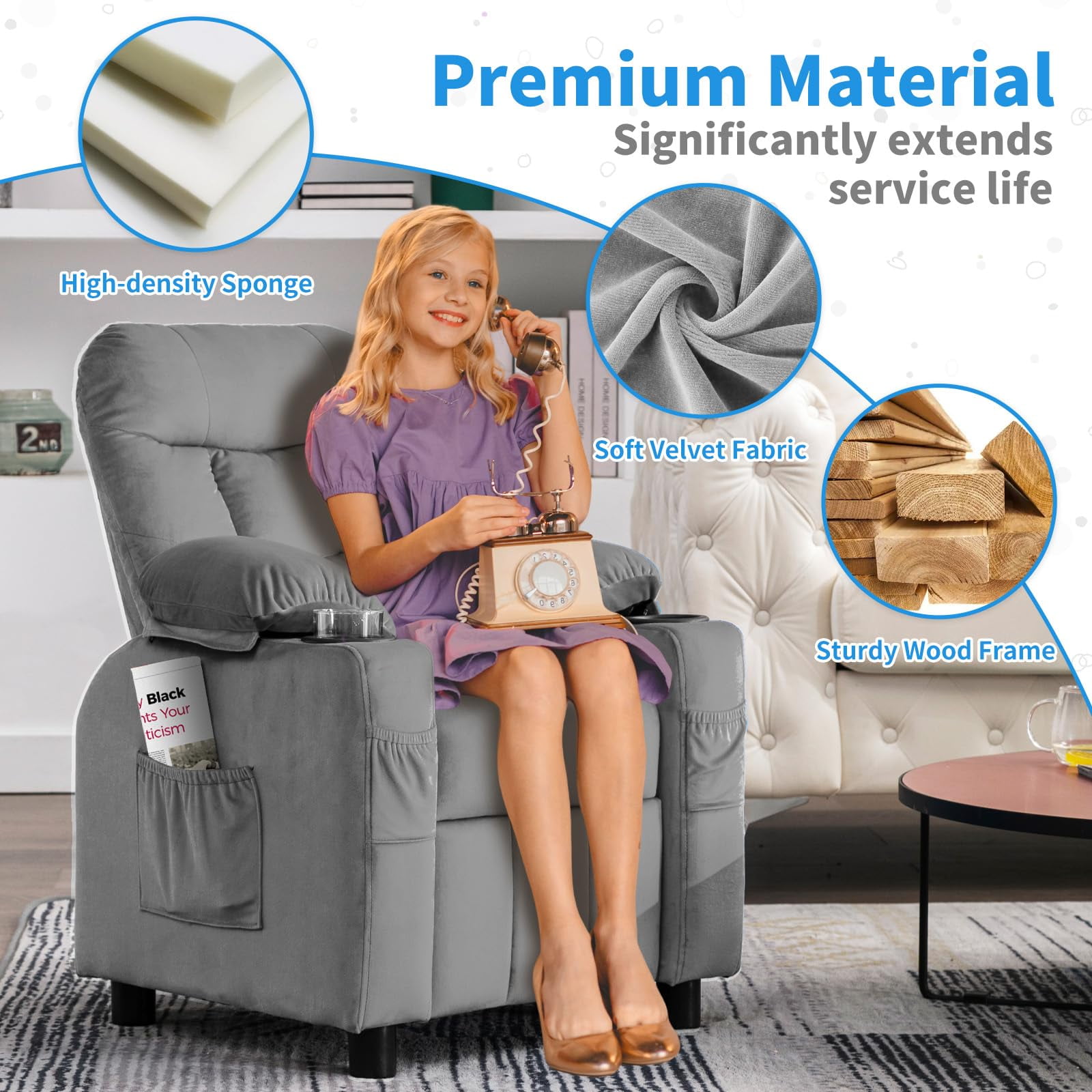 Linor Kids Recliner Chair, Modern Velvet Lounge with Cup Holder, Footrest, Side Pockets, Gray