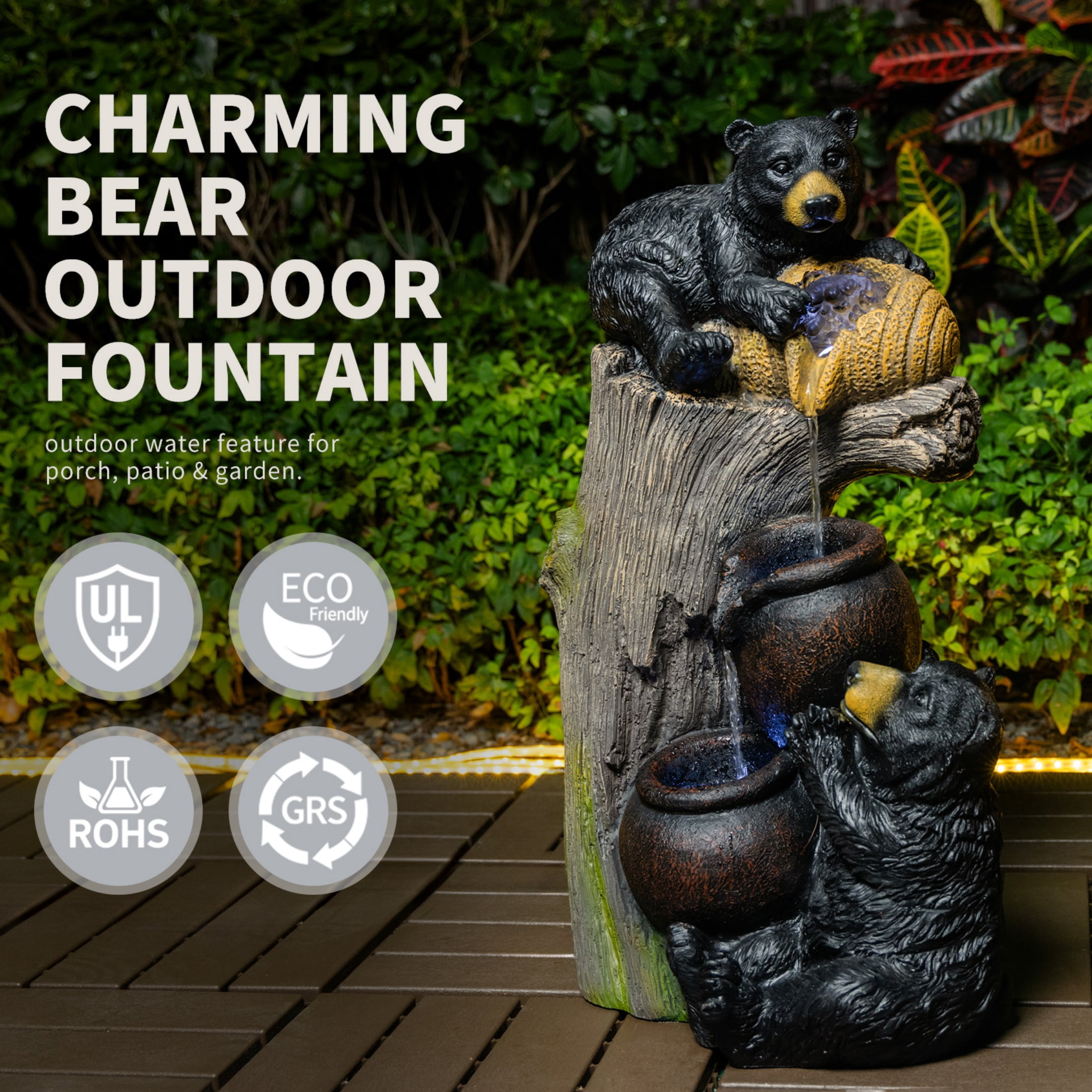 Nyddle Bear Outdoor LED Water Fountain– 23.6” Cascading Garden Fountain for Patio,Yard,Balcony,and Outdoor Decor