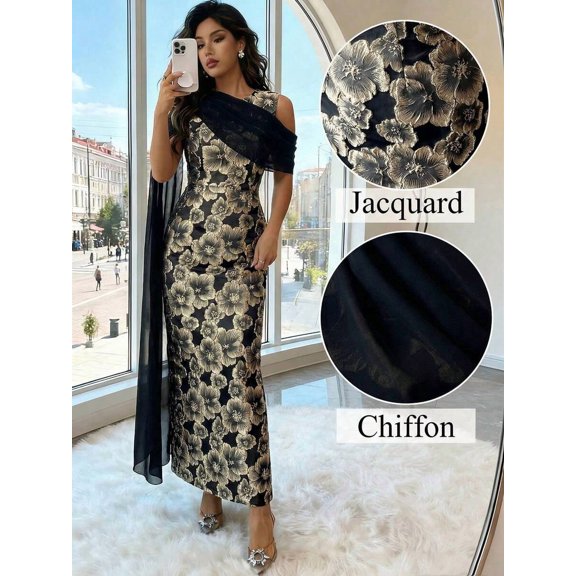 Black Womens Textured Golden Floral Jacquard Maxi Dress With Chiffon Shawl, One-Shoulder Elegant Evening Gown