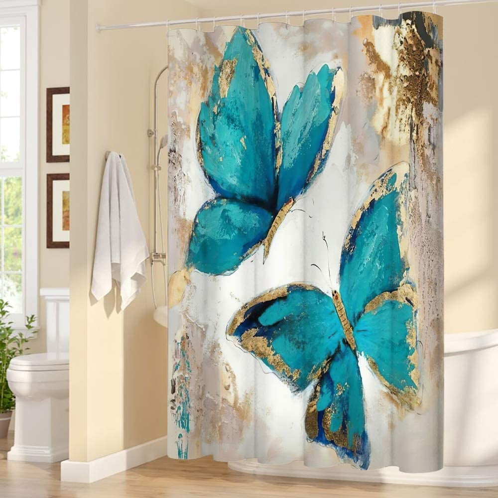 Teal Butterfly Shower Curtain Set with 12 Hooks, Decorative Shower Curtain Modern Bathroom Accessories, Machine Washable 72x72