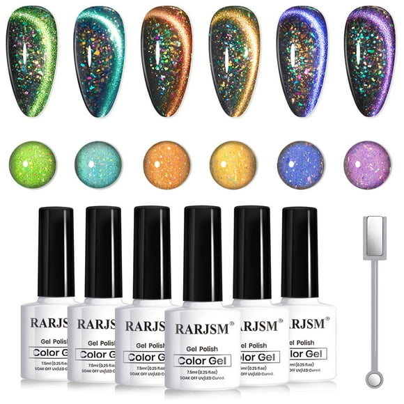 Set de esmaltes de uñas RARJSM Cat Eye Gel, 6 unidades, 9D, con diseño holográfico
