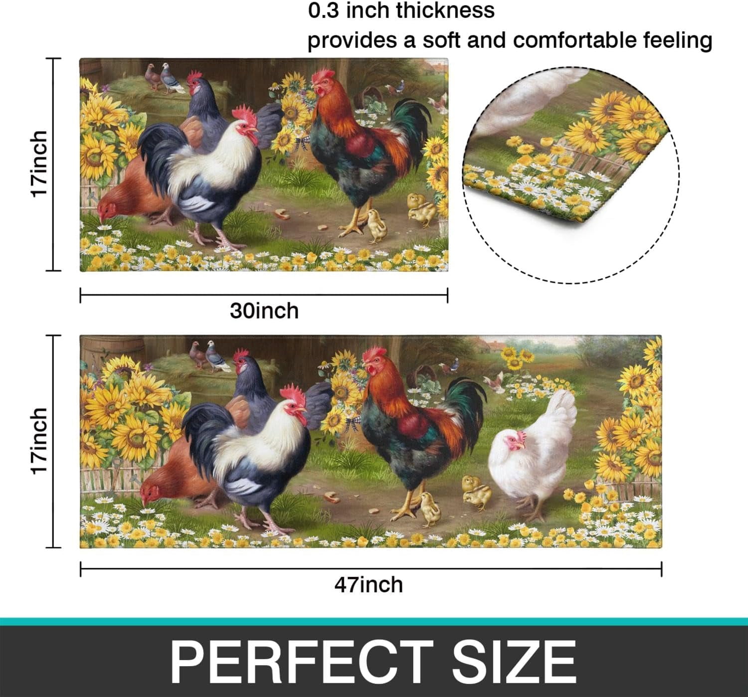 Rooster Theme Kitchen Rug 2 Piece Set, Farmhouse Decor Kitchen Floor Mat, Absorbent and Non-Slip Washable Runner Rug, Chicken Sunflower Decorations Kitchen Mats 17"x47"+17"x30"