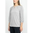 thumbnail image 2 of Tint + Shadow 3/4 Sleeve Crew Neck with Rhinestone Button Keyhole & Front Ruffle detail Knit Top-HEATHER GREY / L, 2 of 12