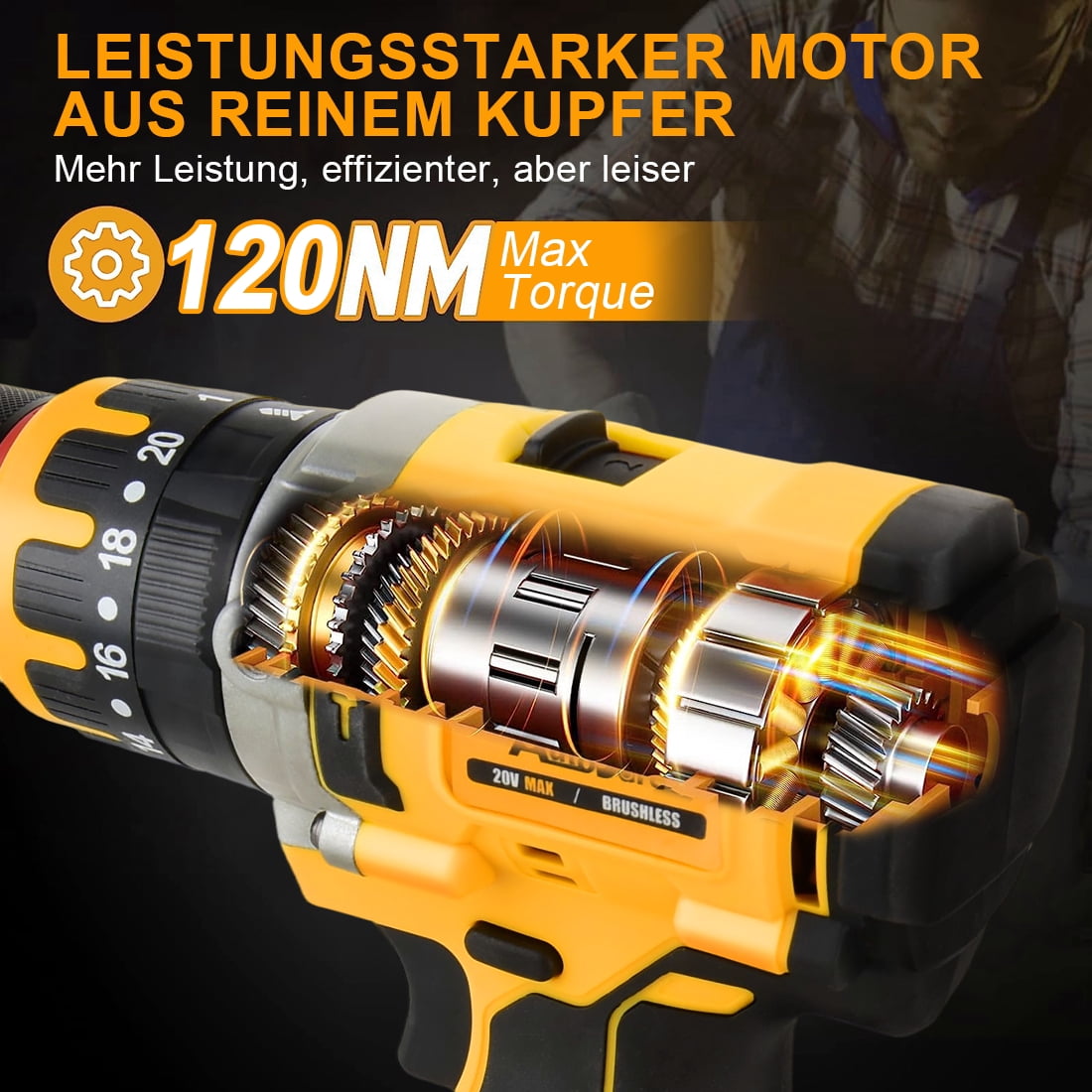 Hammer Drill Compatible with Dewalt 20V Max Battery (No Battery) Cordless Drill/Driver with Brushless Motor, 1/2" Keyless Metal Chuck,for Drilling Brick Wall, Metal, Wood, Screws (Yellow)