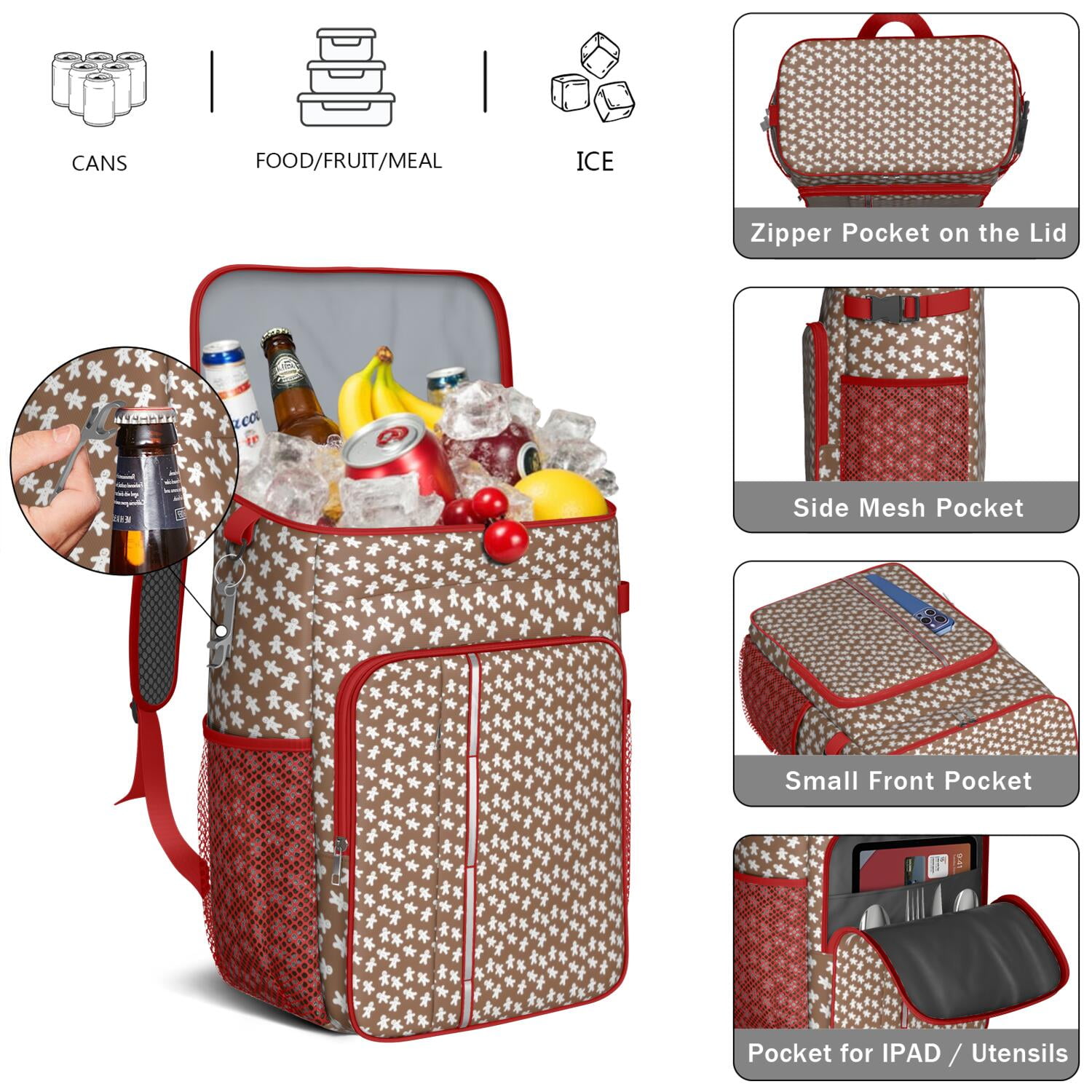 Travel Cooler Bag - Brown Christmas Gingerbread Pattern Camping Beer Cooler Backpack with Bottle Opener- Waterproof Insulated Picnic Backpacks - Cooler Bag for Beach