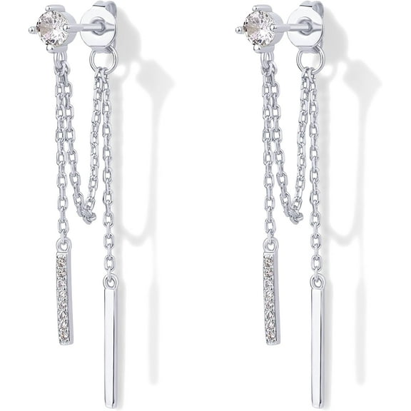 18K Gold Plated Sterling Silver Posts Drop Dangle Chain Earrings for Women | Dangling Chain Studs | Cubic Zirconia Ball Threader Earscapes Earrings